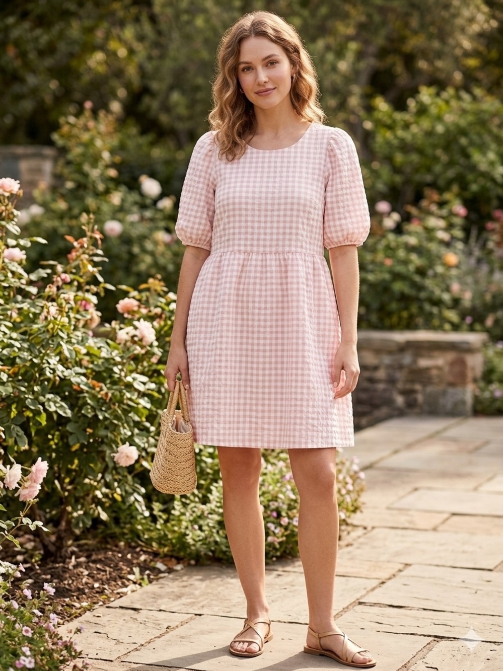 June & Hudson Pink Gingham Open Back Puff Sleeve Mini Babydoll Dress